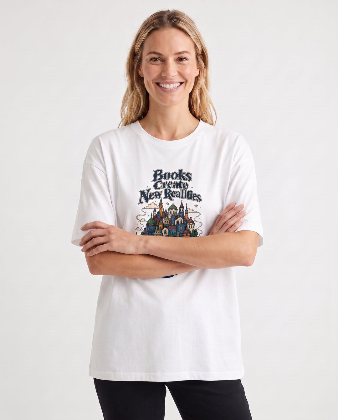Books Create New Realities White T-Shirt mockup 3