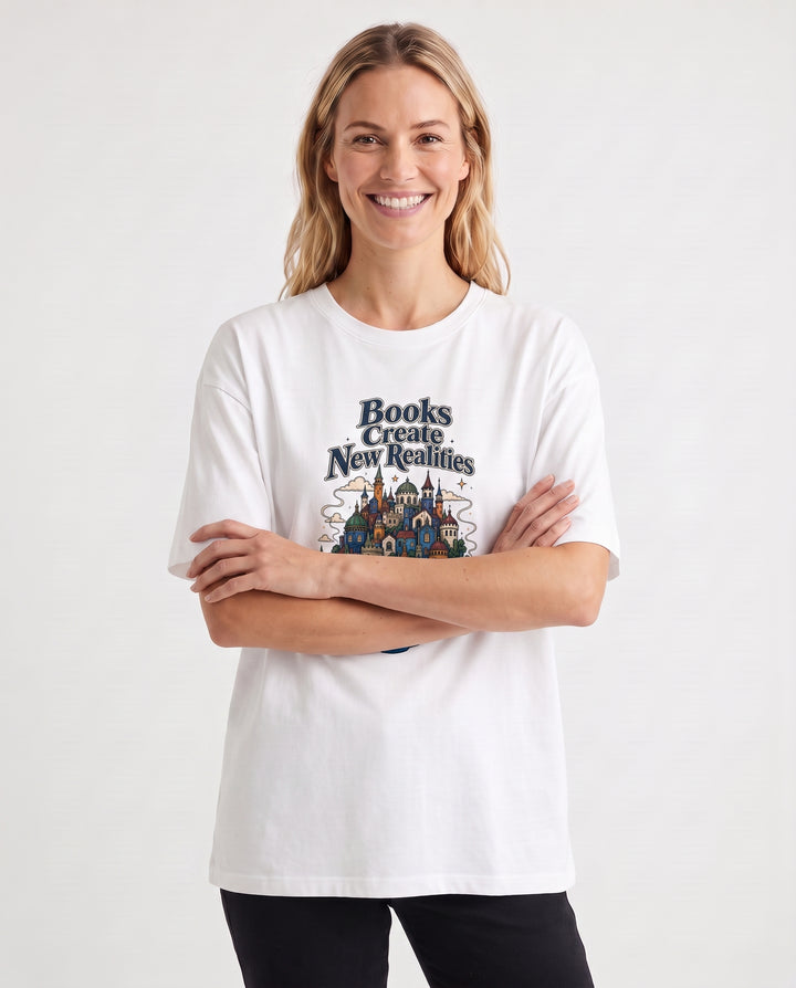 Books Create New Realities White T-Shirt mockup 3