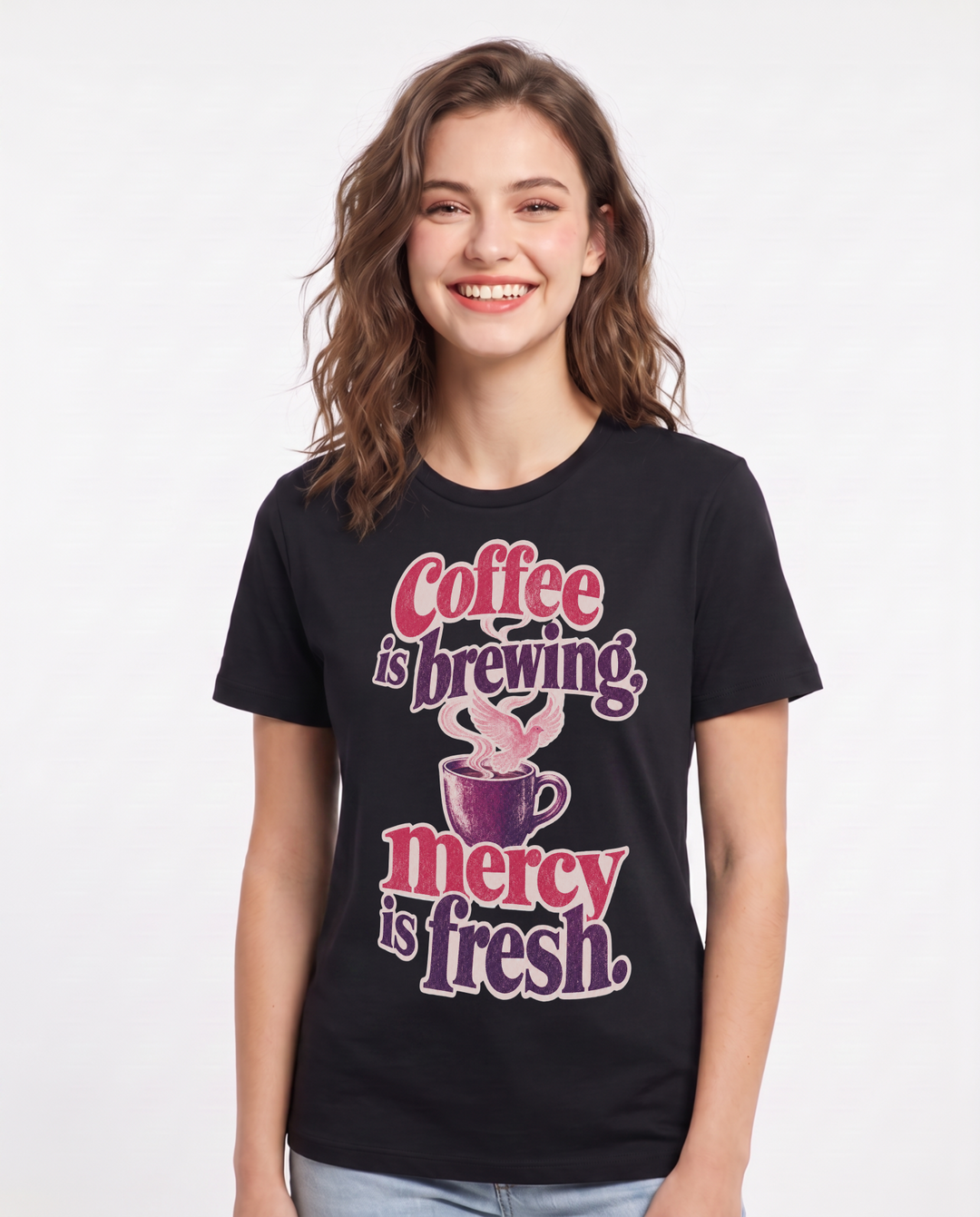 Christian Faith Women's Black T-Shirt – Coffee is brewing, mercy is fresh. product image 1