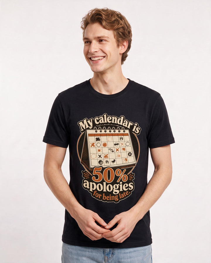 Funny Meme Men's Black T-Shirt – "My calendar is 50% apologies for being late." product image 3