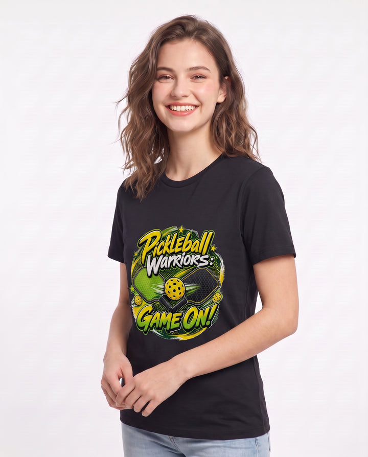 Pickleball Warriors: Game On! Women's Black T-Shirt product image 3