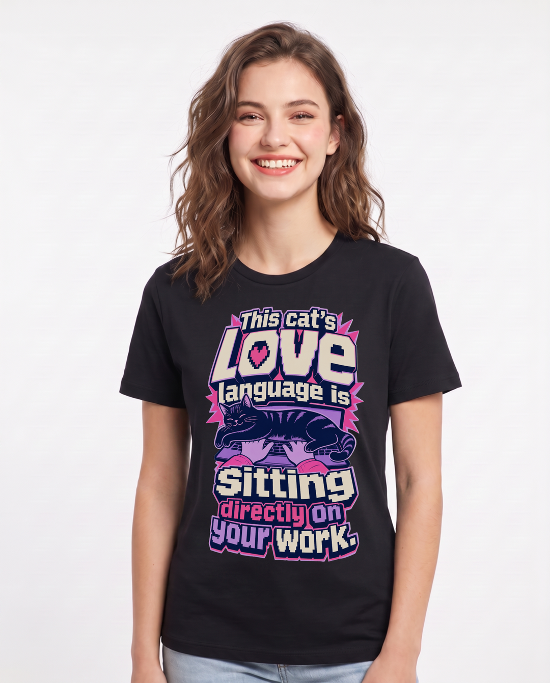 Funny Cat Lover Women's Black T-Shirt – This cat's love language is sitting directly on your work product image 1