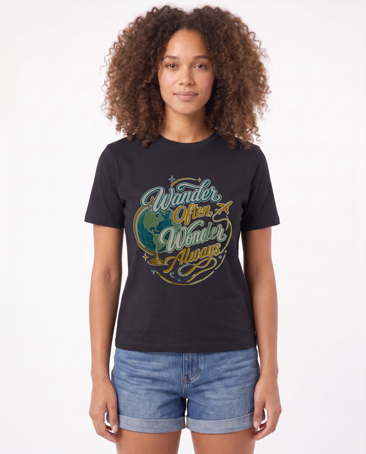 Wander Often, Wonder Always Black T-Shirt mockup 1