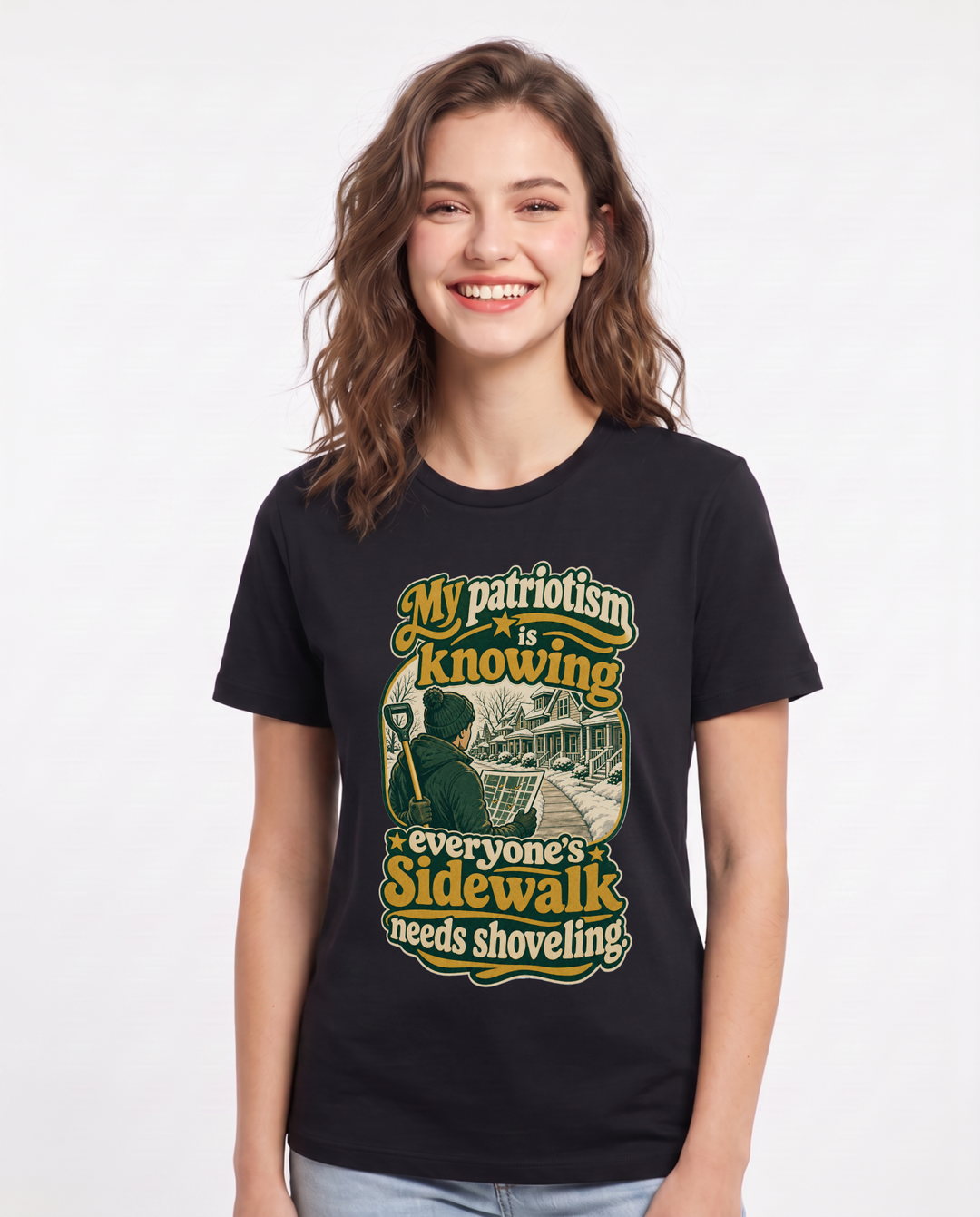 Patriotic Women's Black T-Shirt – My patriotism is knowing everyone's sidewalk needs shoveling product image 1