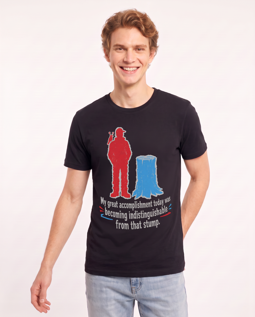 My great accomplishment today was becoming indistinguishable from that stump. Men's Black T-Shirt product image 1