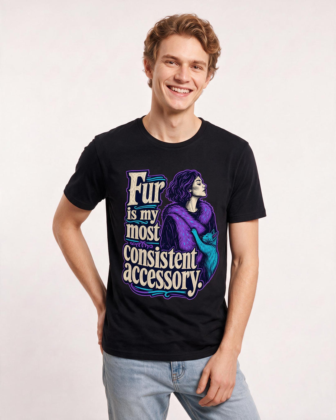 Cat Lover Men's Black T-Shirt – Fur is my most consistent accessory. product image 3