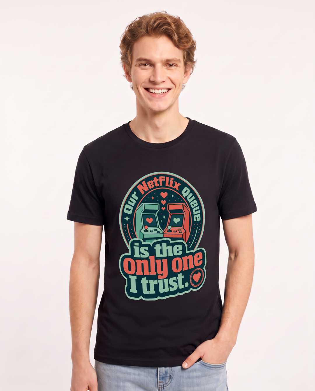 Couples Men's Black T-Shirt - Our Netflix queue is the only one I product image 1