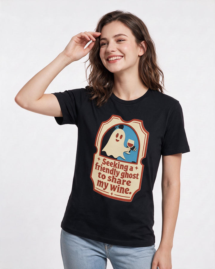 Halloween Women's Black T-Shirt - Seeking a friendly ghost to share my product image 3