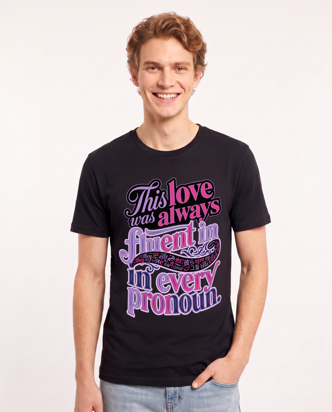 Pride Men's Black T-Shirt – This love was always fluent in every pronoun. product image 1
