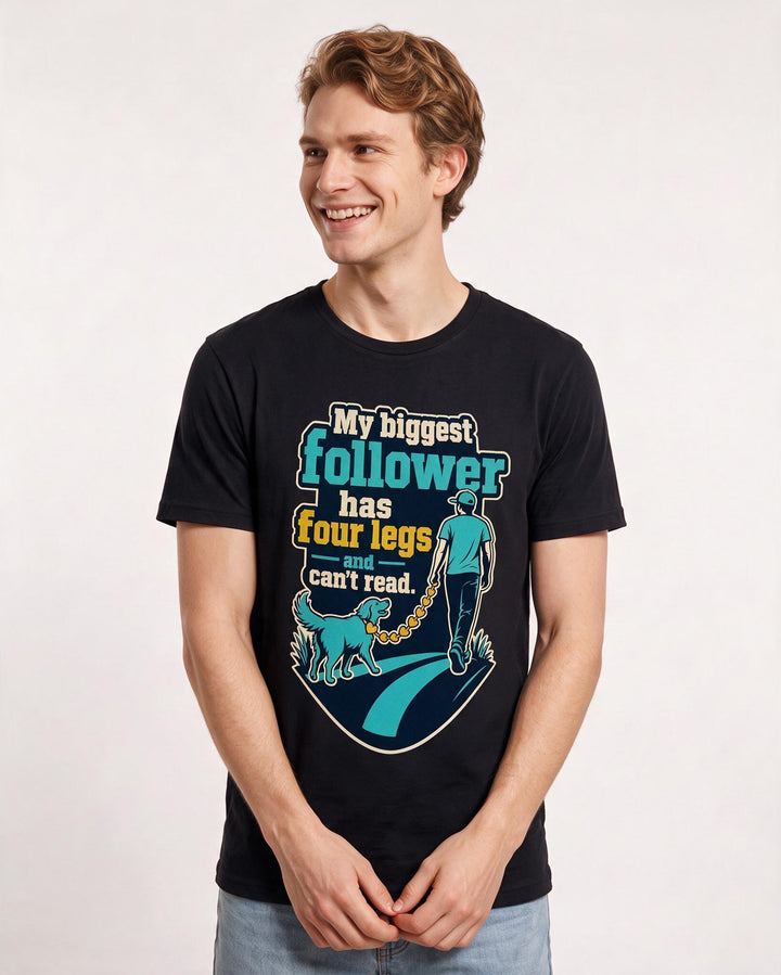 Funny Cat Lover Men's Black T-Shirt – My biggest follower has four legs and can't read product image 3