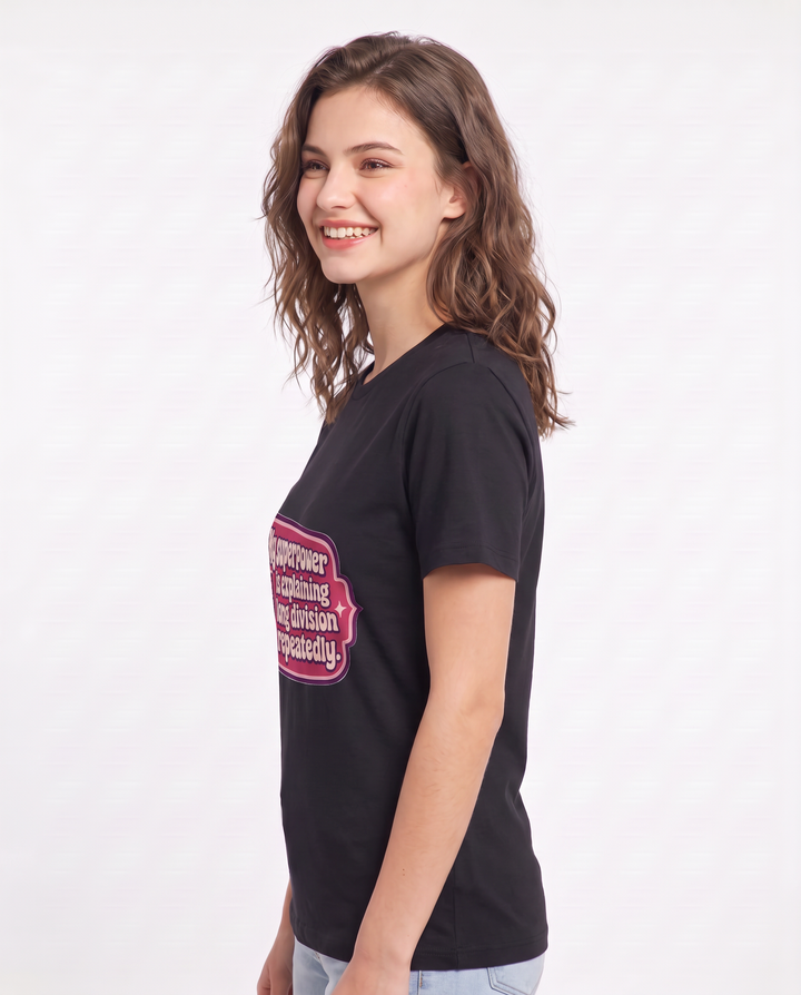 Teacher Gift Women's Black T-Shirt - My superpower is explaining long product image 2