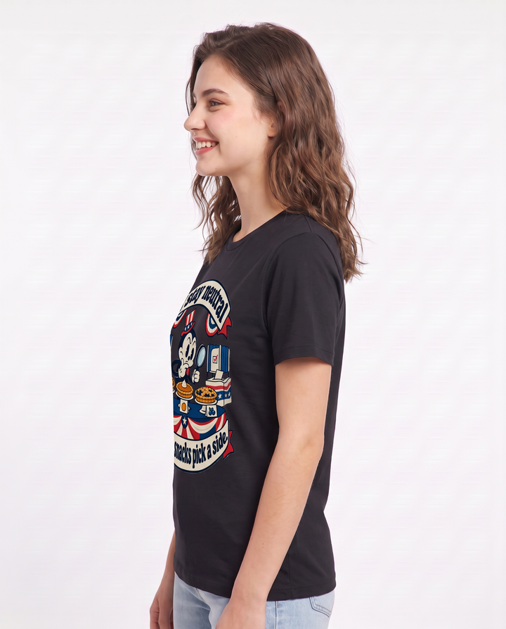I stay neutral until the snacks pick a side. Women's Black T-Shirt product image 3