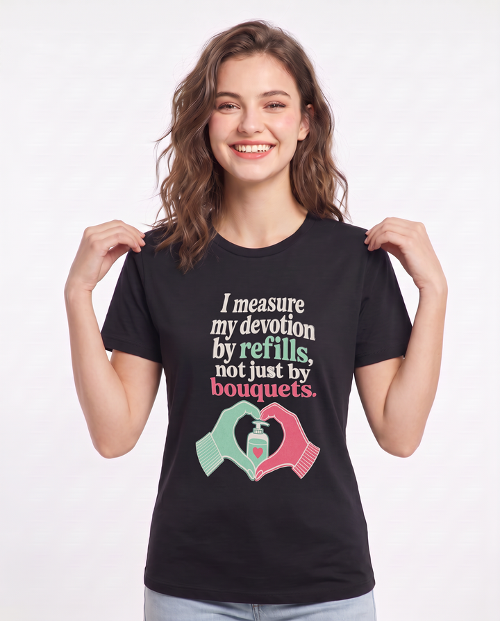 I measure my devotion by refills, not just by bouquets. Women's Black T-Shirt product image 1