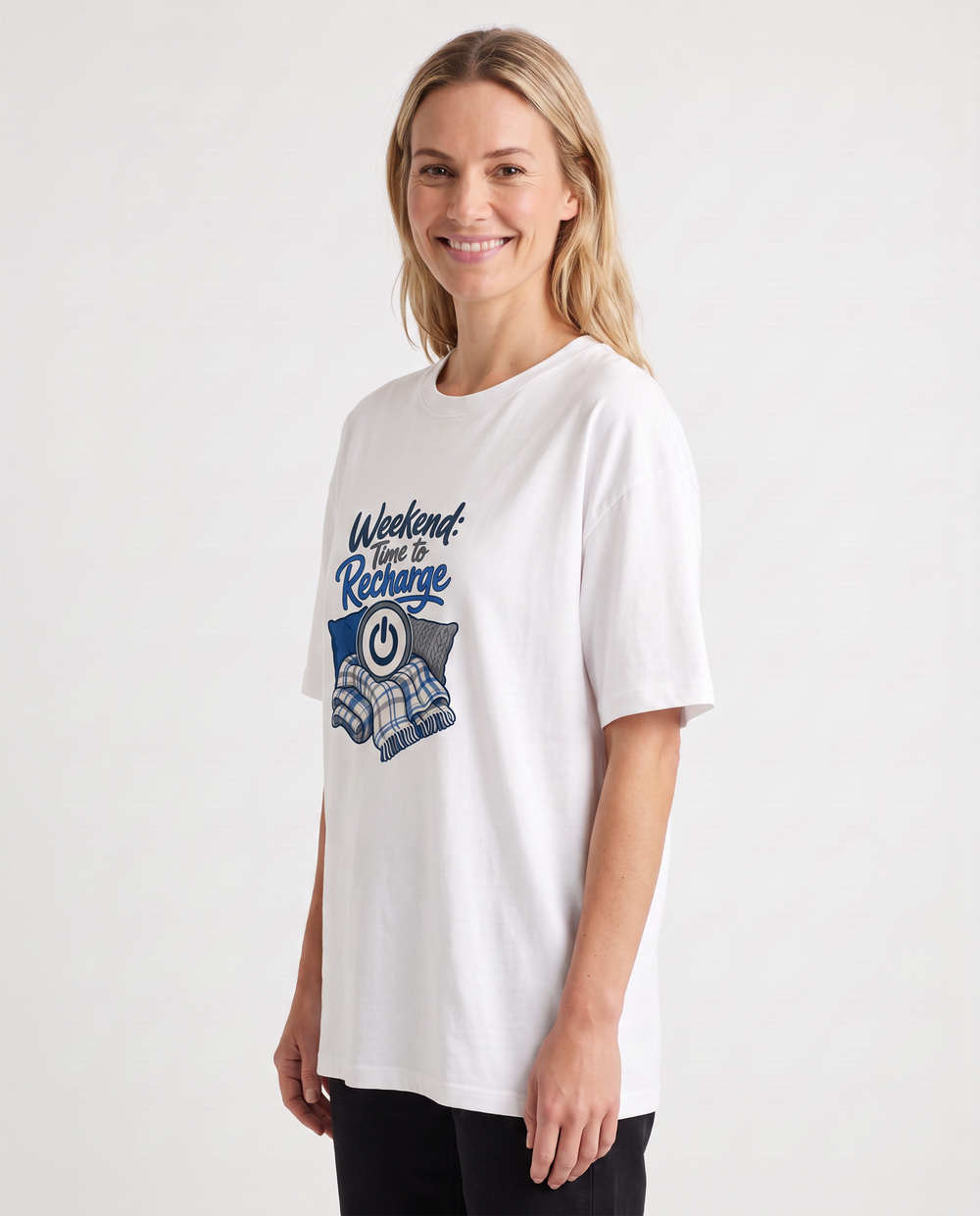 Weekend: Time To Recharge White T-Shirt mockup 2
