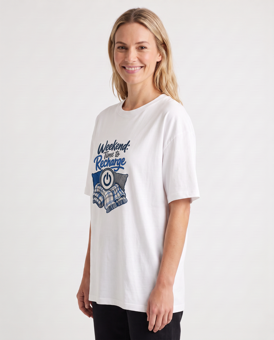 Weekend: Time To Recharge White T-Shirt mockup 2