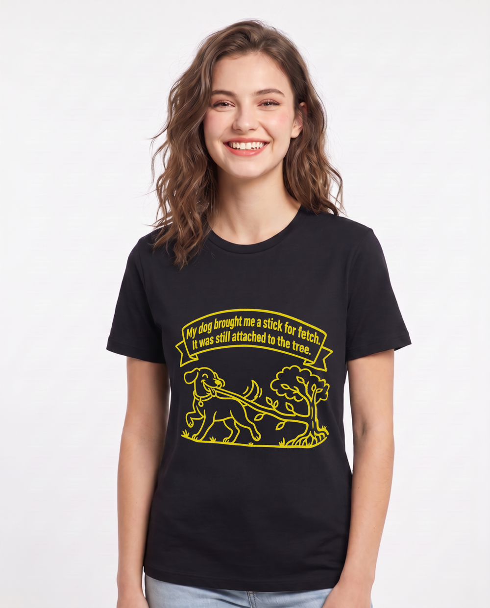 My dog brought me a stick for fetch. It was still attached to the tree. Women's Black T-Shirt product image 2