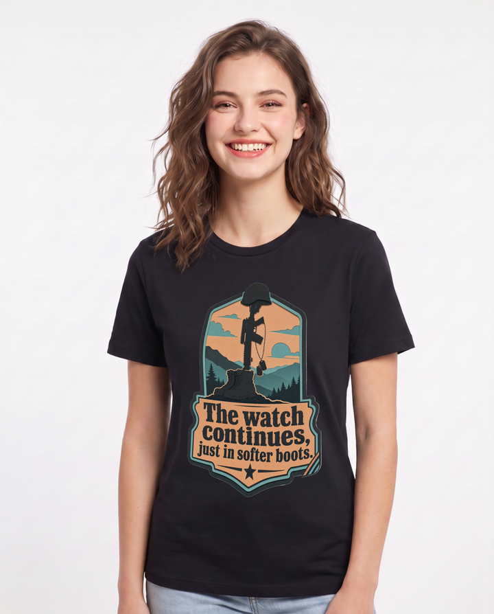 Graphic Women's Black T-Shirt - The watch continues, just in softer product image 1