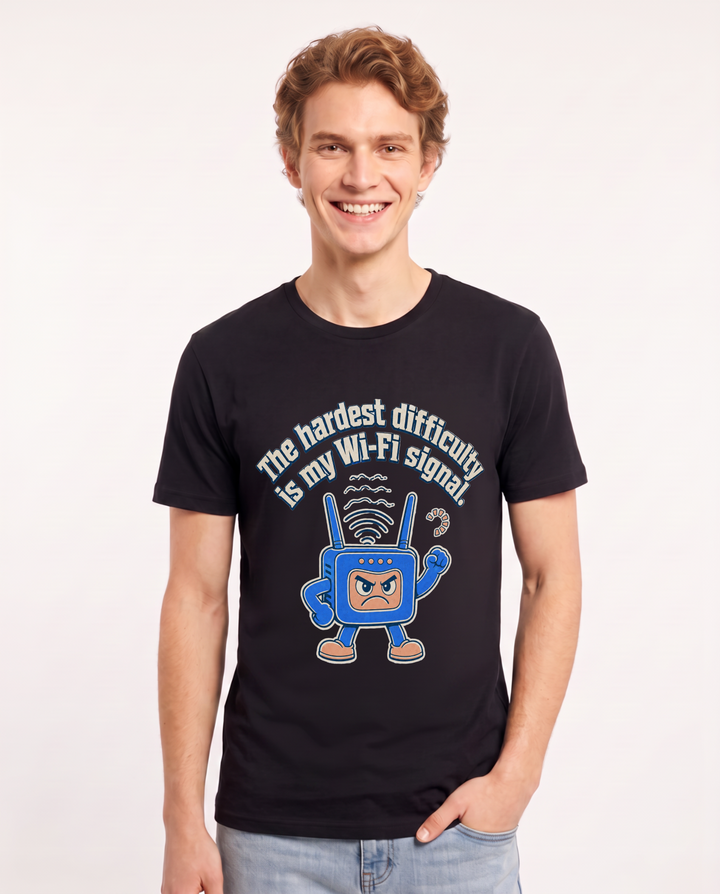 The hardest difficulty is my Wi-Fi signal. Men's Black T-Shirt product image 2