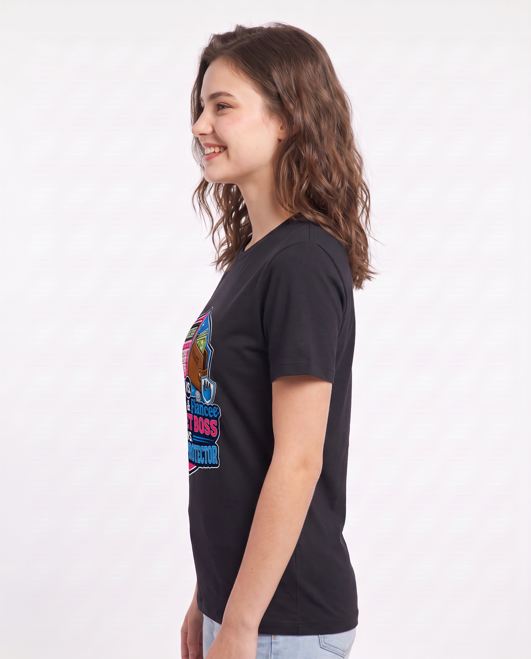 Fiancee & Fiance: Budget Boss vs. Pocket Protector Women's Black T-Shirt product image 3