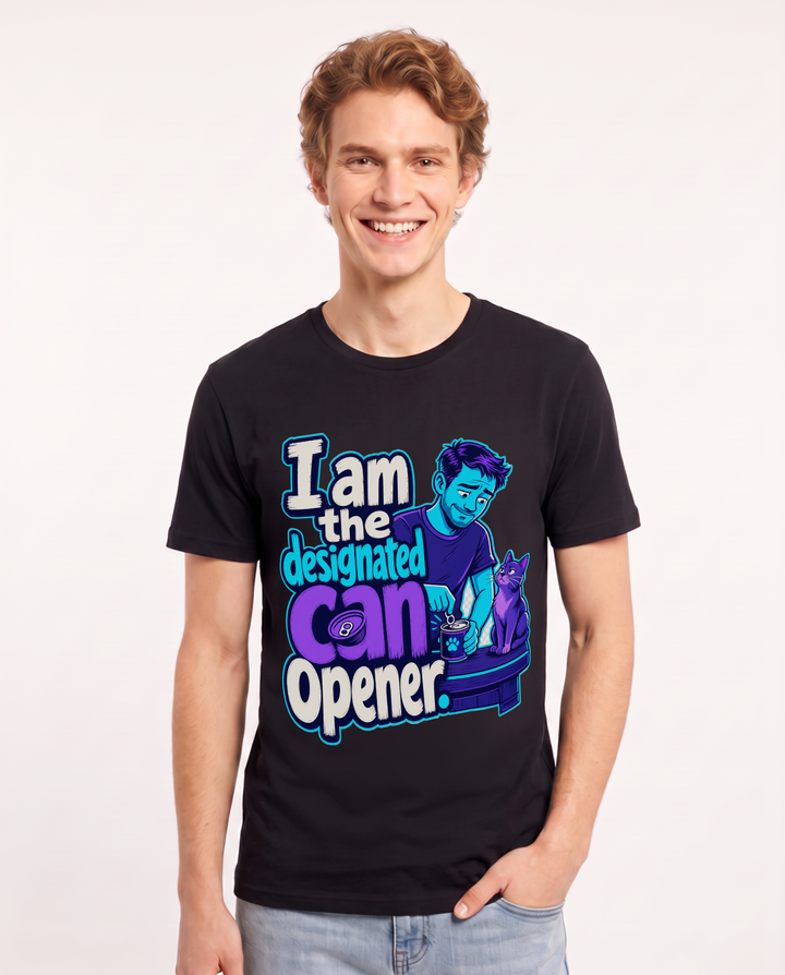 Funny Cat Lover Men's Black T-Shirt – I am the designated can opener. product image 1