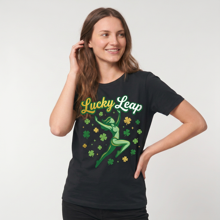 Lucky Leap Stylized Leap With Clovers Black T-Shirt mockup 1