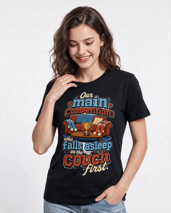 Funny Couples Women's Black T-Shirt – Our main competition: who falls asleep product image 3