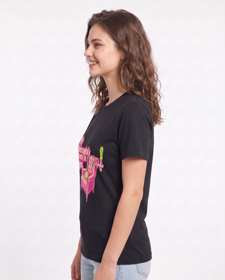 My therapist's name is Hops. - Women's Black T-Shirt product image 3