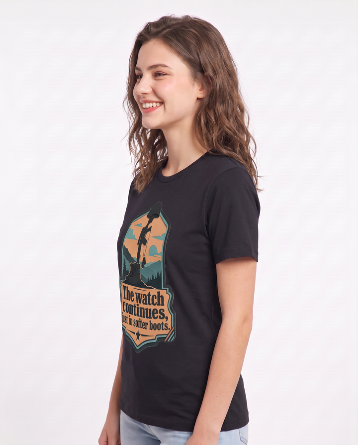 Graphic Women's Black T-Shirt - The watch continues, just in softer product image 2