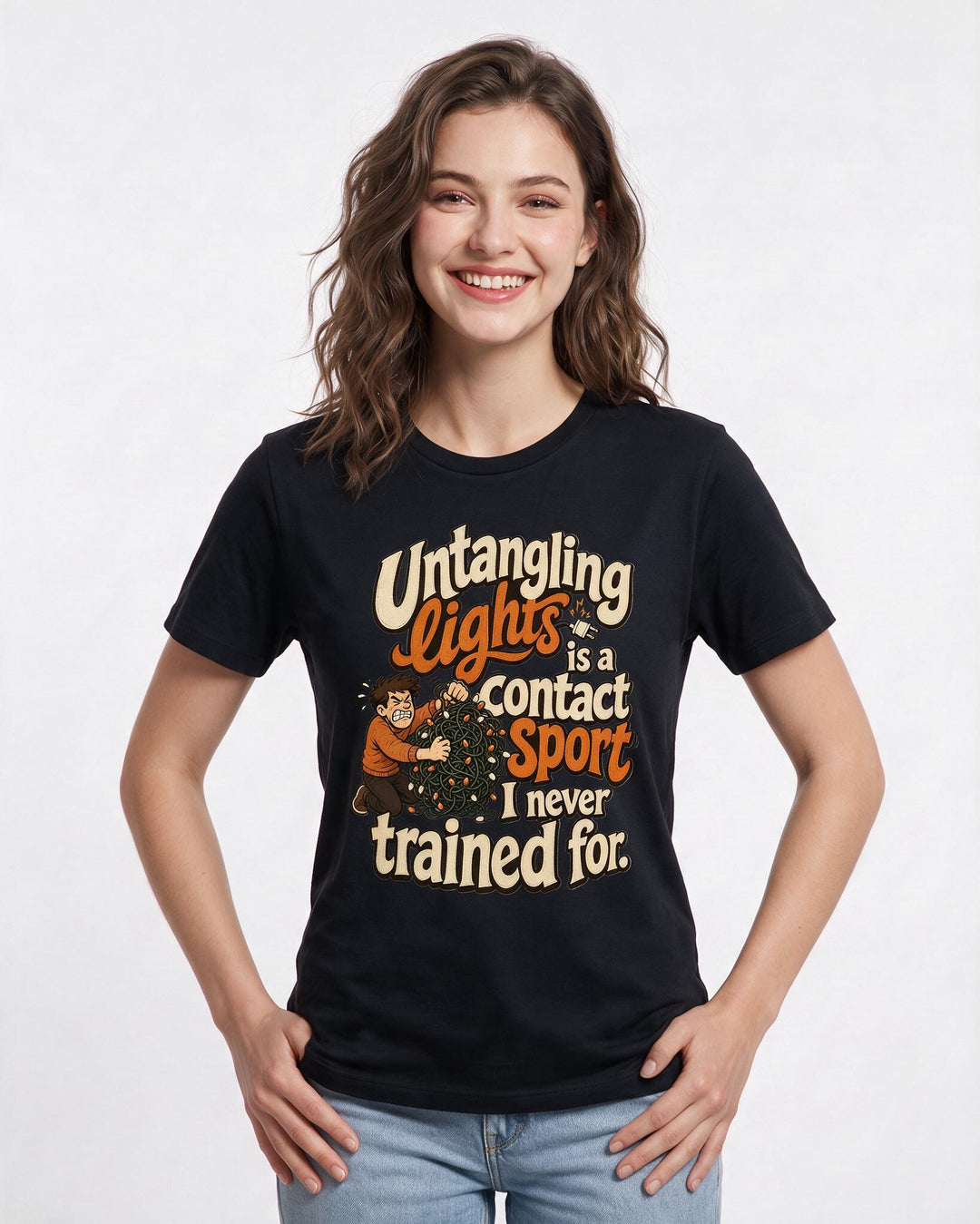 Funny Christmas Women's Black T-Shirt – Untangling lights is a contact sport I product image 3