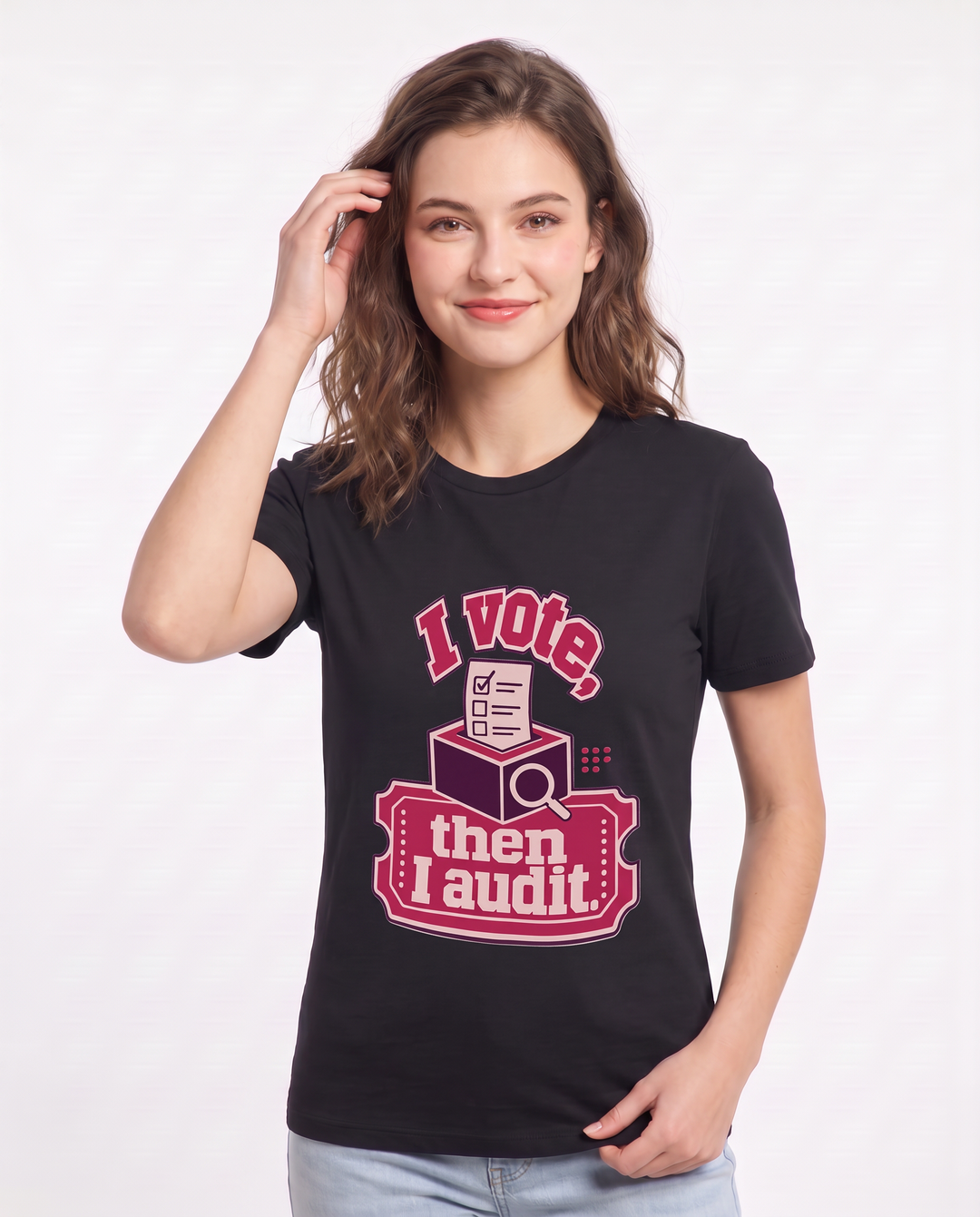 Graphic Women's Black T-Shirt - I vote, then I audit. product image 3