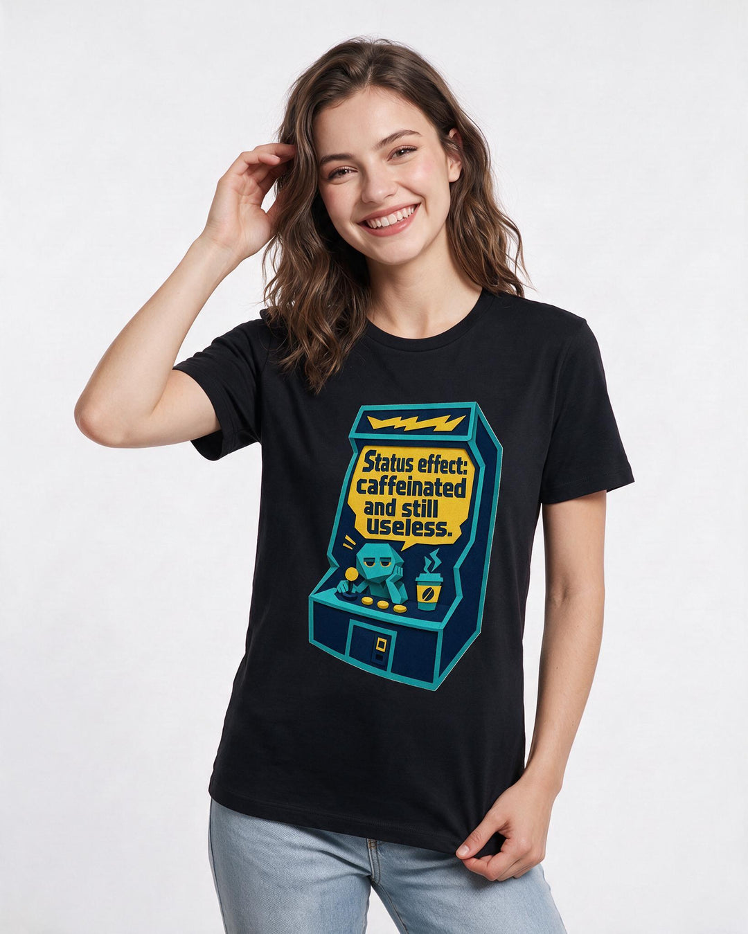 Gaming Women's Black T-Shirt - Status effect: caffeinated and still product image 3