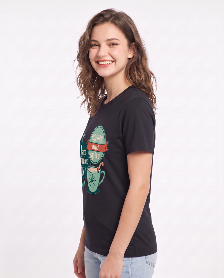 Christmas Women's Black T-Shirt - I am fueled by eggnog and spite. product image 2