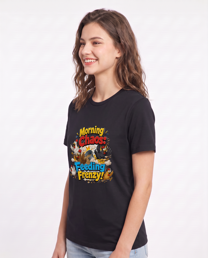 Morning Chaos: Feeding Frenzy! Women's Black T-Shirt product image 3