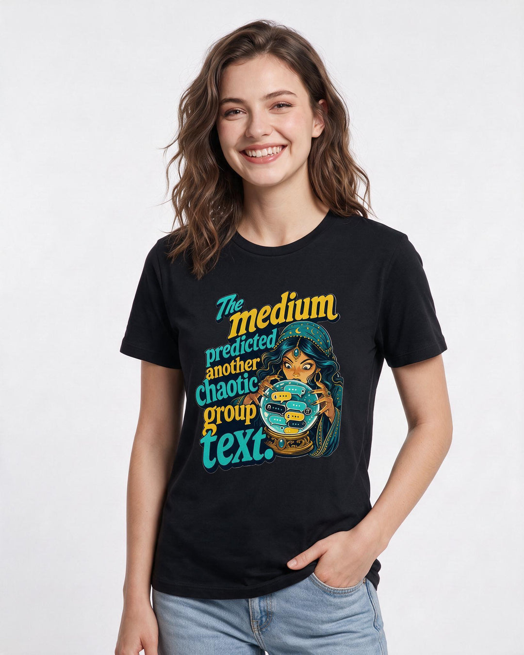 Funny Halloween Women's Black T-Shirt – The medium predicted another chaotic group text. product image 3