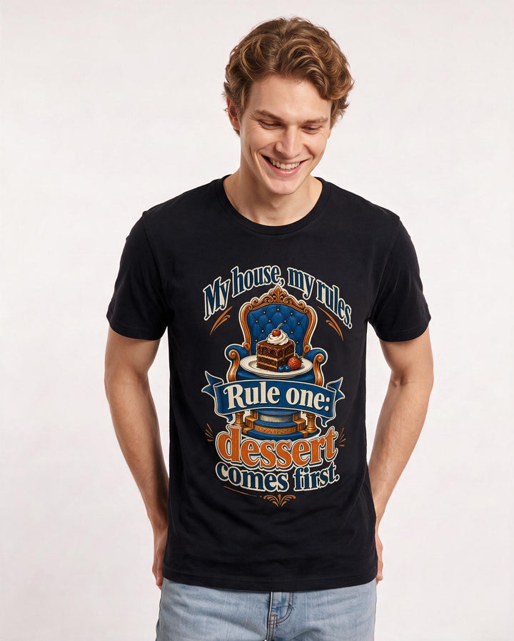 Funny Family Men's Black T-Shirt – My house, my rules. Rule one: dessert comes first. product image 3