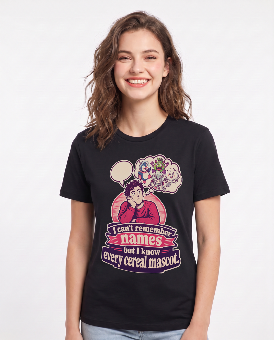 Funny Meme Women's Black T-Shirt – I can't remember names but I know every cereal mascot. product image 1