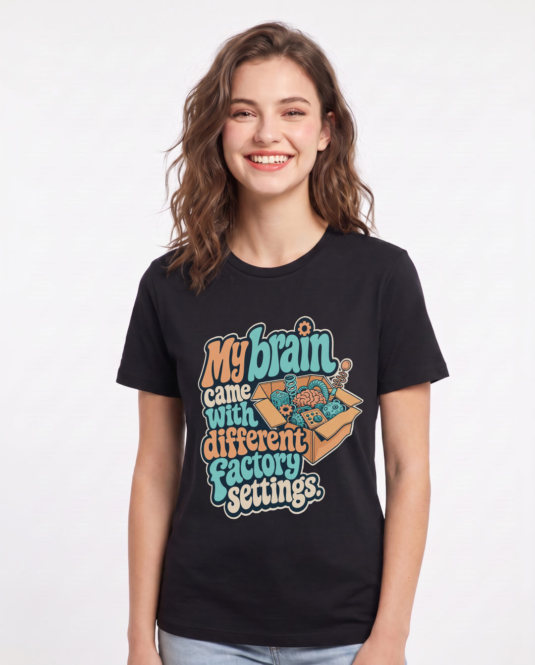 Neurodiversity Women's Black T-Shirt – My brain came with different factory settings. product image 1