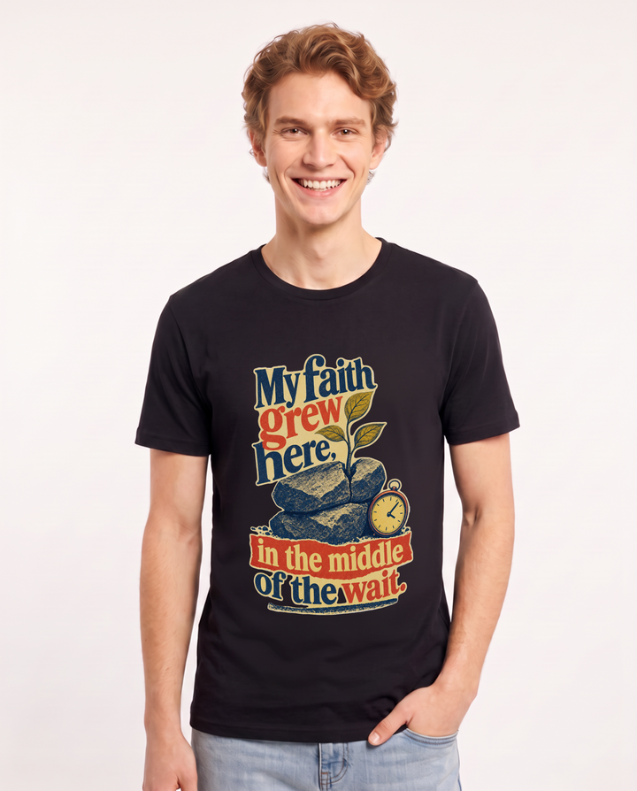Christian Faith Men's Black T-Shirt – My faith grew here, in the middle of the wait. product image 1