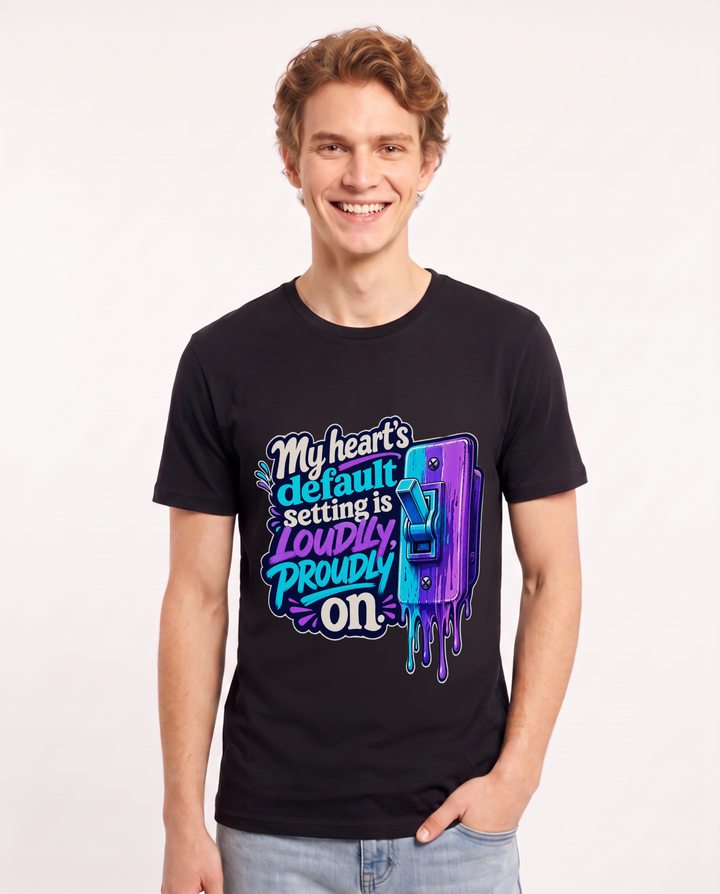 Pride Men's Black T-Shirt – My heart's default setting is loudly, proudly on. product image 1