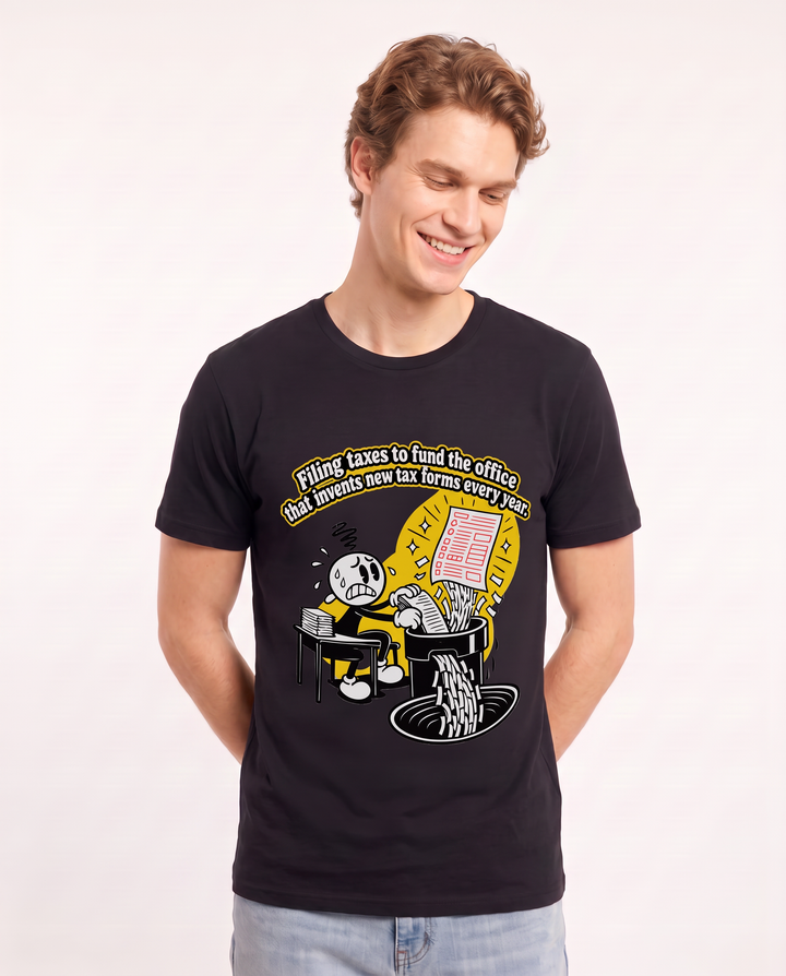 Filing taxes to fund the office that invents new tax forms every year. Men's Black T-Shirt product image 1