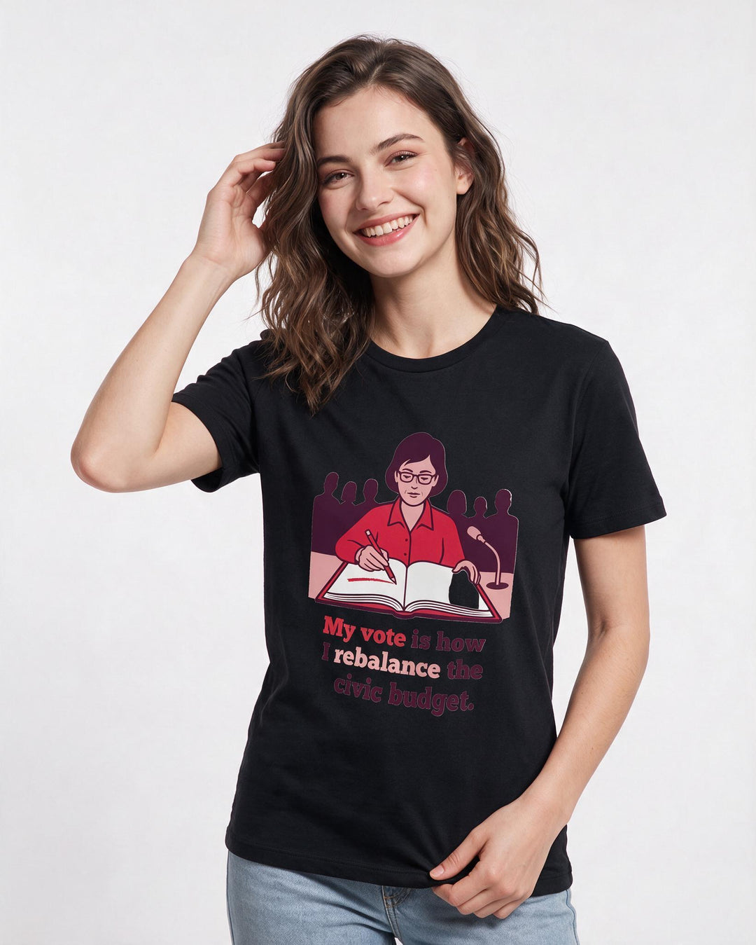 Political Statement Women's Black T-Shirt – My vote is how I rebalance the civic budget. product image 3