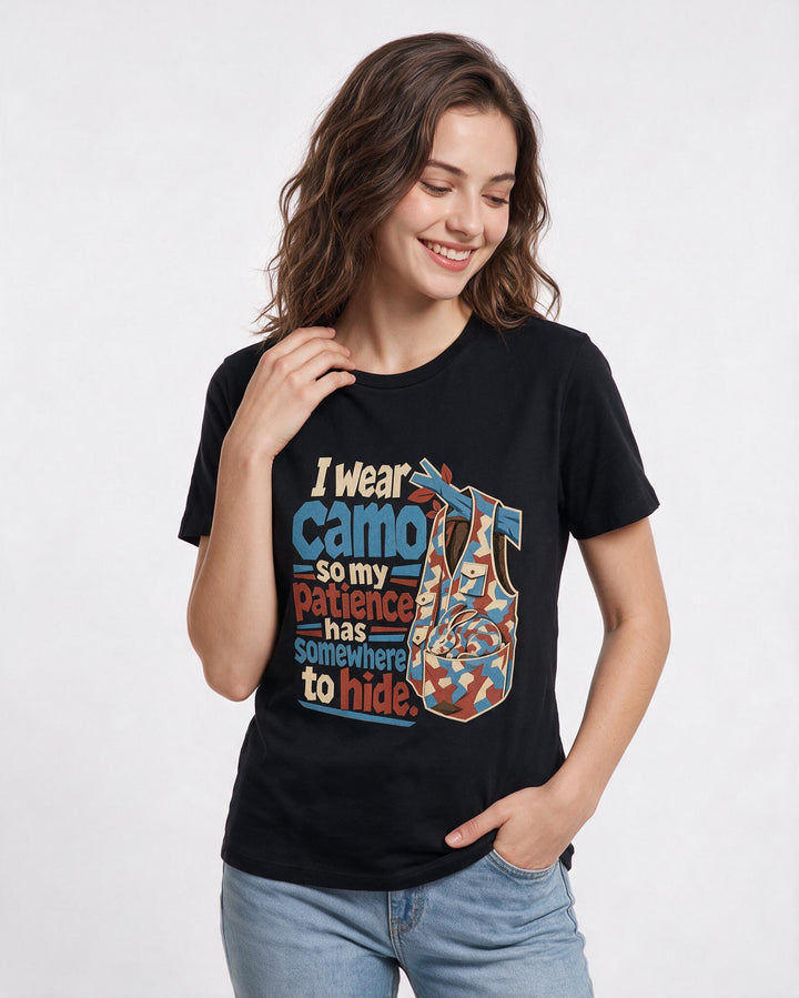 Hunting Women's Black T-Shirt – I wear camo so my patience has somewhere to hide. product image 3