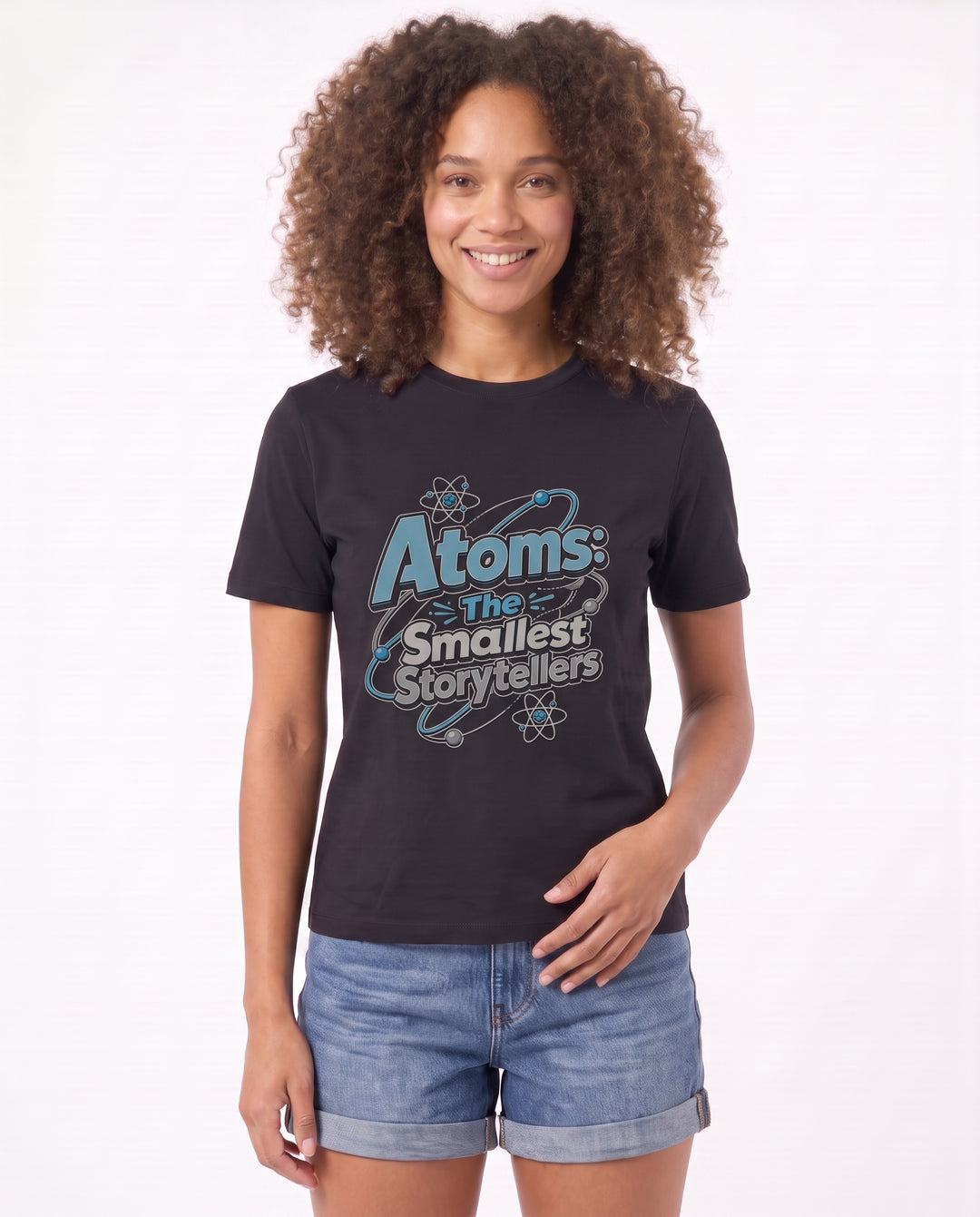 Atoms: The Smallest Storytellers Black T-Shirt mockup 3