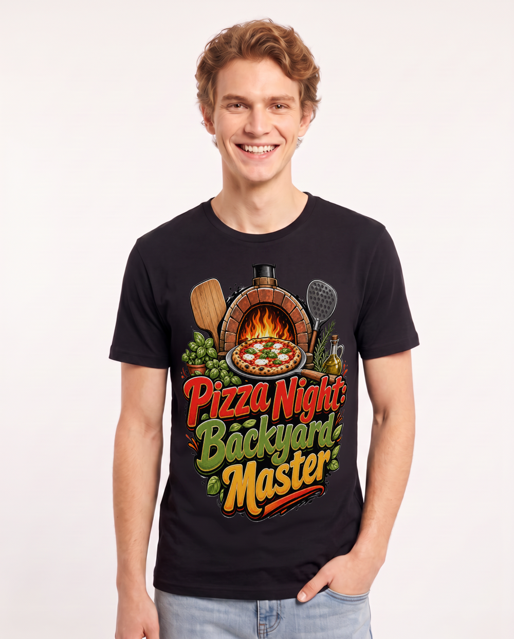 Pizza Night: Backyard Master Men's Black T-Shirt product image 2