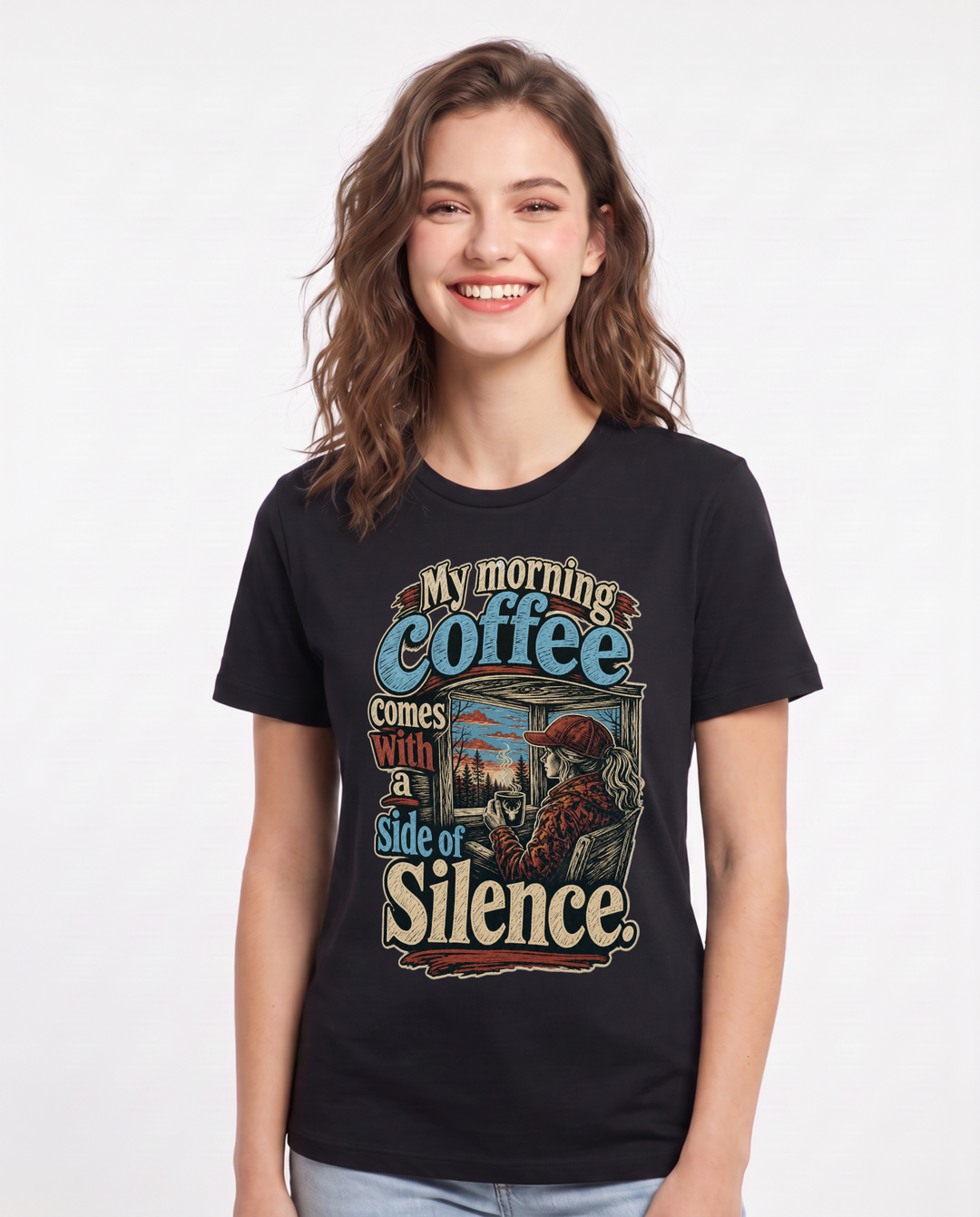 Hunting Women's Black T-Shirt – My morning coffee comes with a side of silence. product image 1