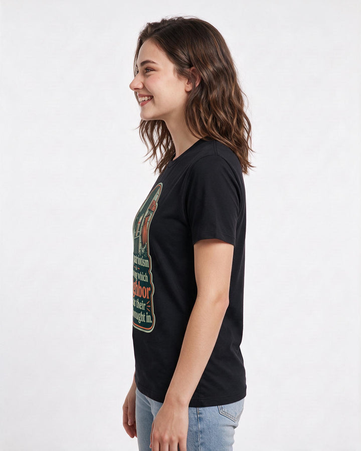 Patriotic Women's Black T-Shirt – My patriotism is knowing which neighbor needs their paper brought in product image 2