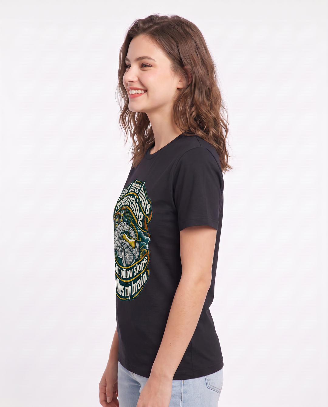 I lost three hours researching the exact pillow slope that soothes my brain Women's Black T-Shirt product image 3