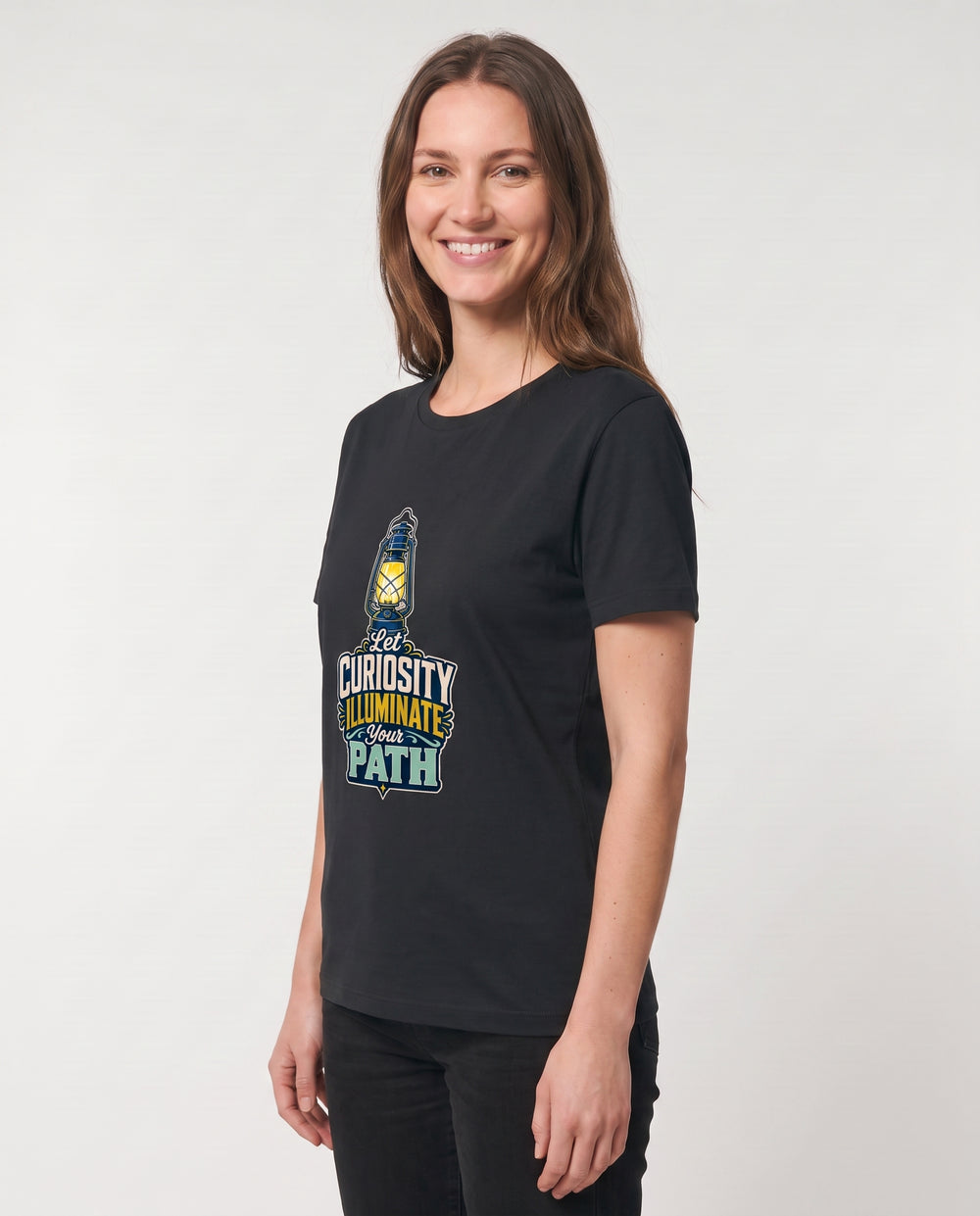 Let Curiosity Illuminate Your Path Black T-Shirt mockup 2