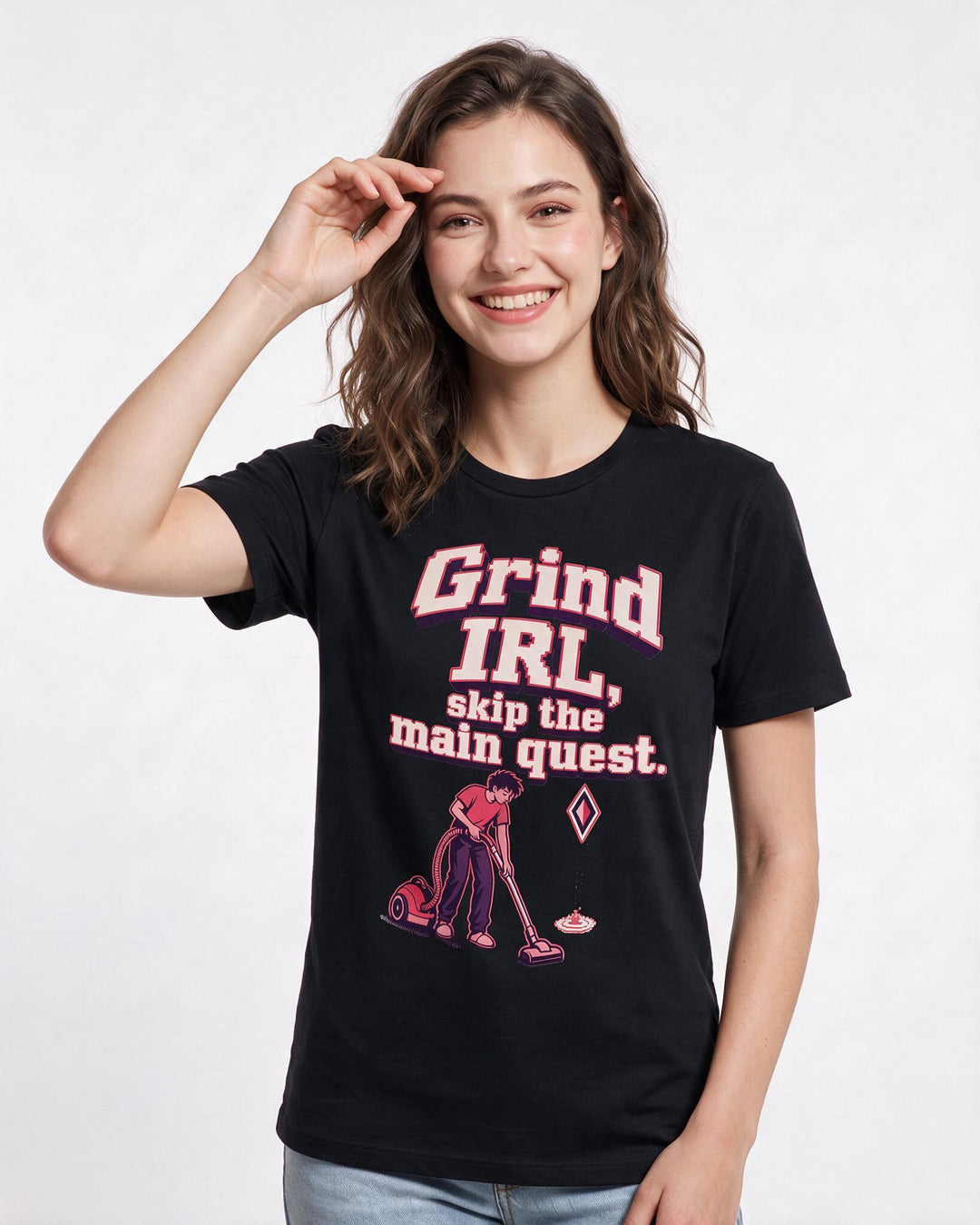 Funny Gaming Women's Black T-Shirt – Grind IRL, skip the main quest. product image 3
