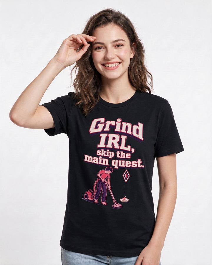 Funny Gaming Women's Black T-Shirt – Grind IRL, skip the main quest. product image 3